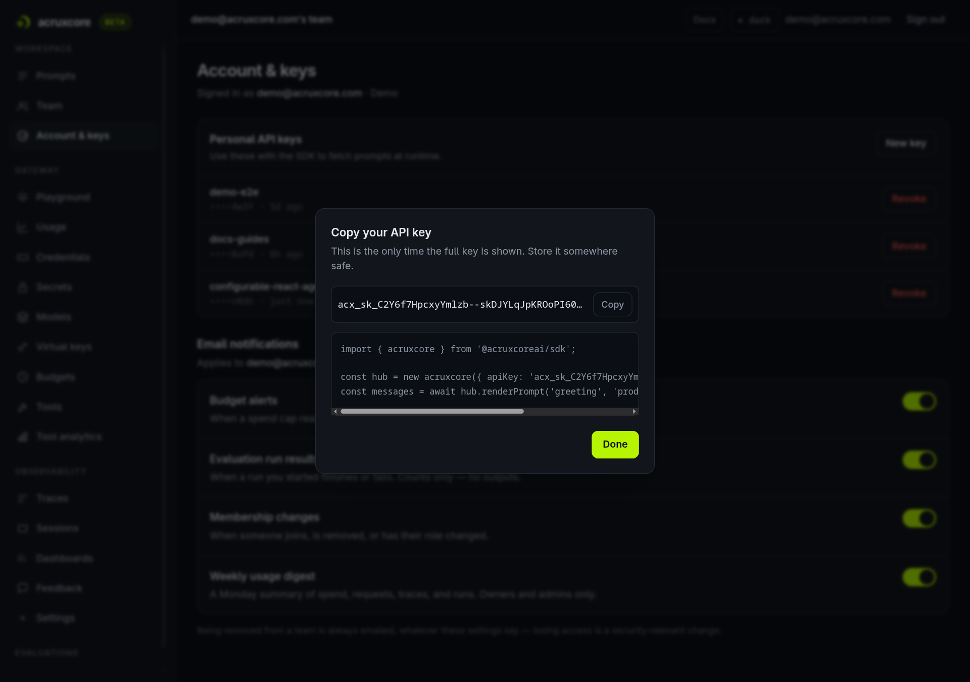 The "Copy your API key" dialog showing a freshly created key beginning acx_sk_, a Copy button, and a Node SDK snippet using it