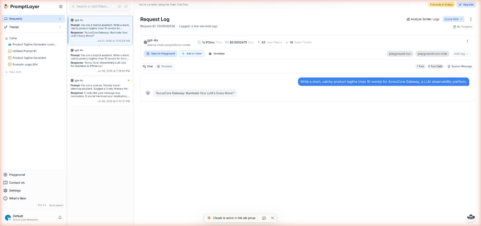 PromptLayer Request Log detail page for a live request, showing model, cost, and token counts