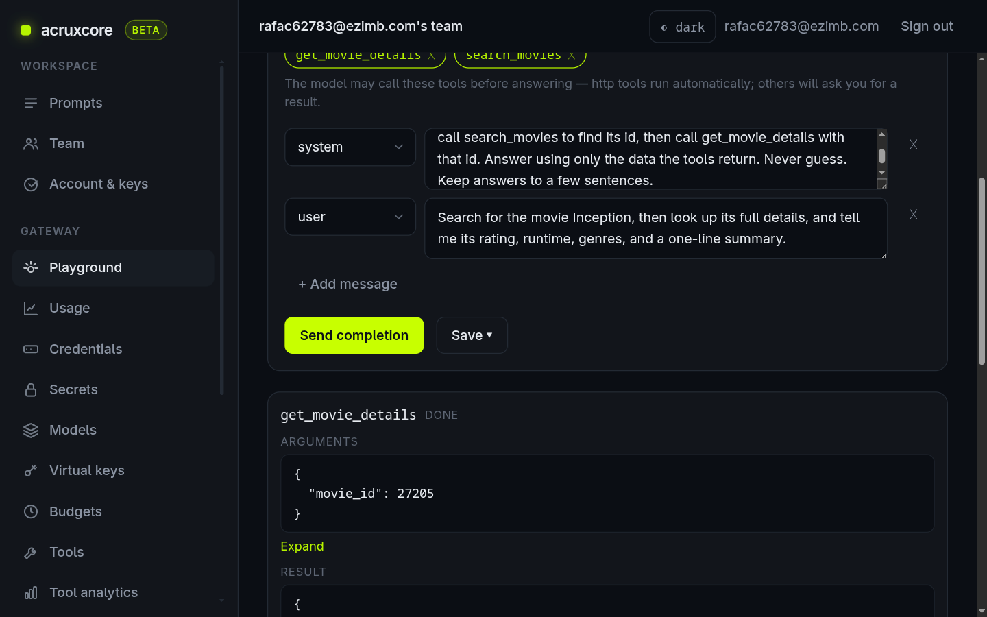 A get_movie_details tool card marked done, showing the arguments movie_id 27205