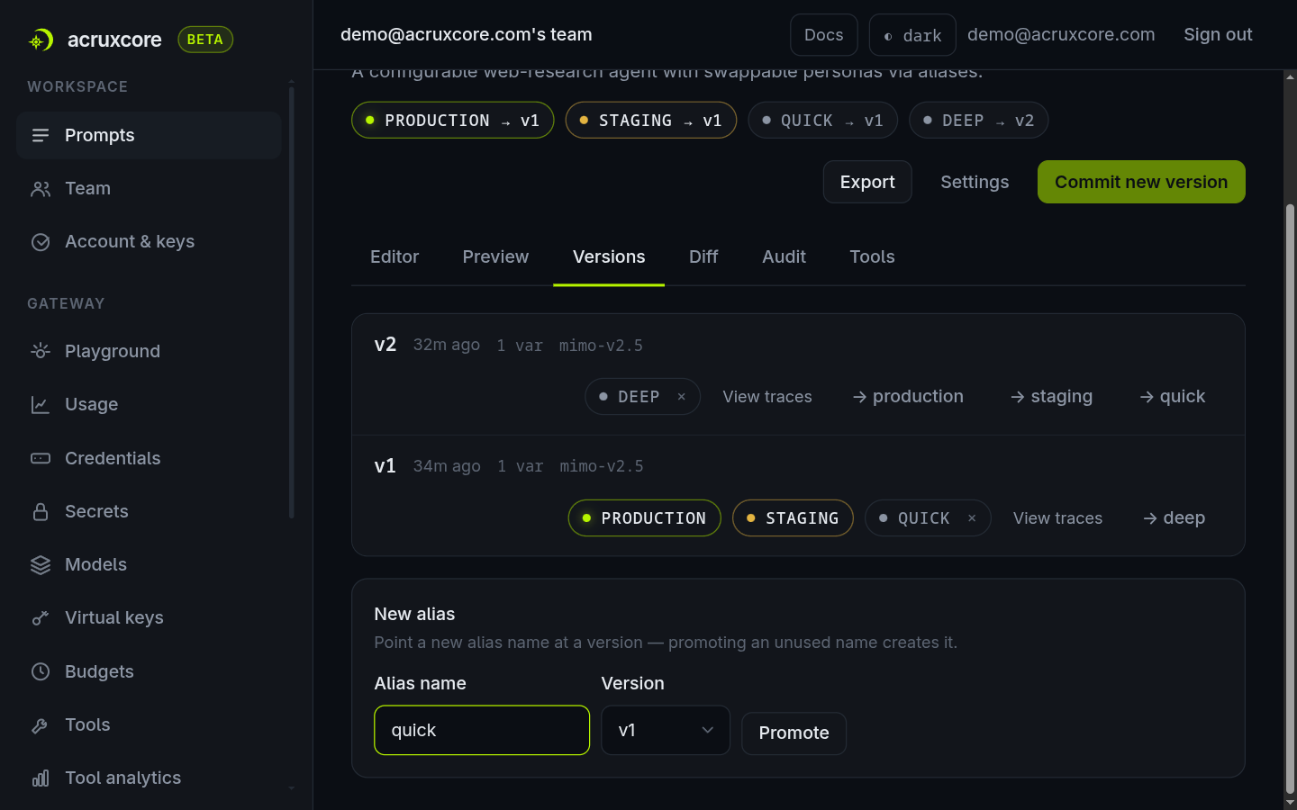 New alias form with quick typed in the name field, v1 selected in the version dropdown, and the Promote button enabled