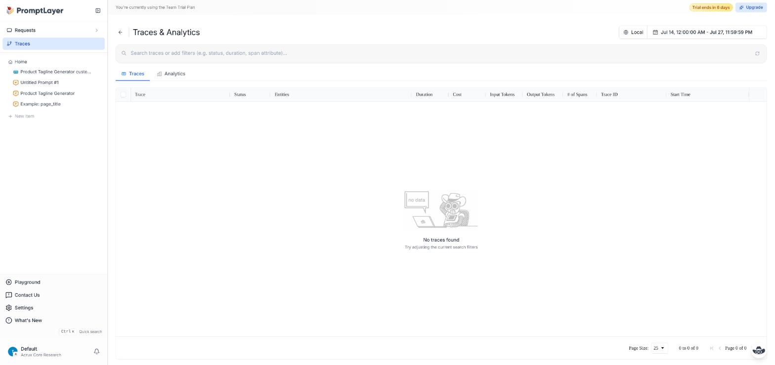 PromptLayer Traces and Analytics page showing No traces found even after a live model call