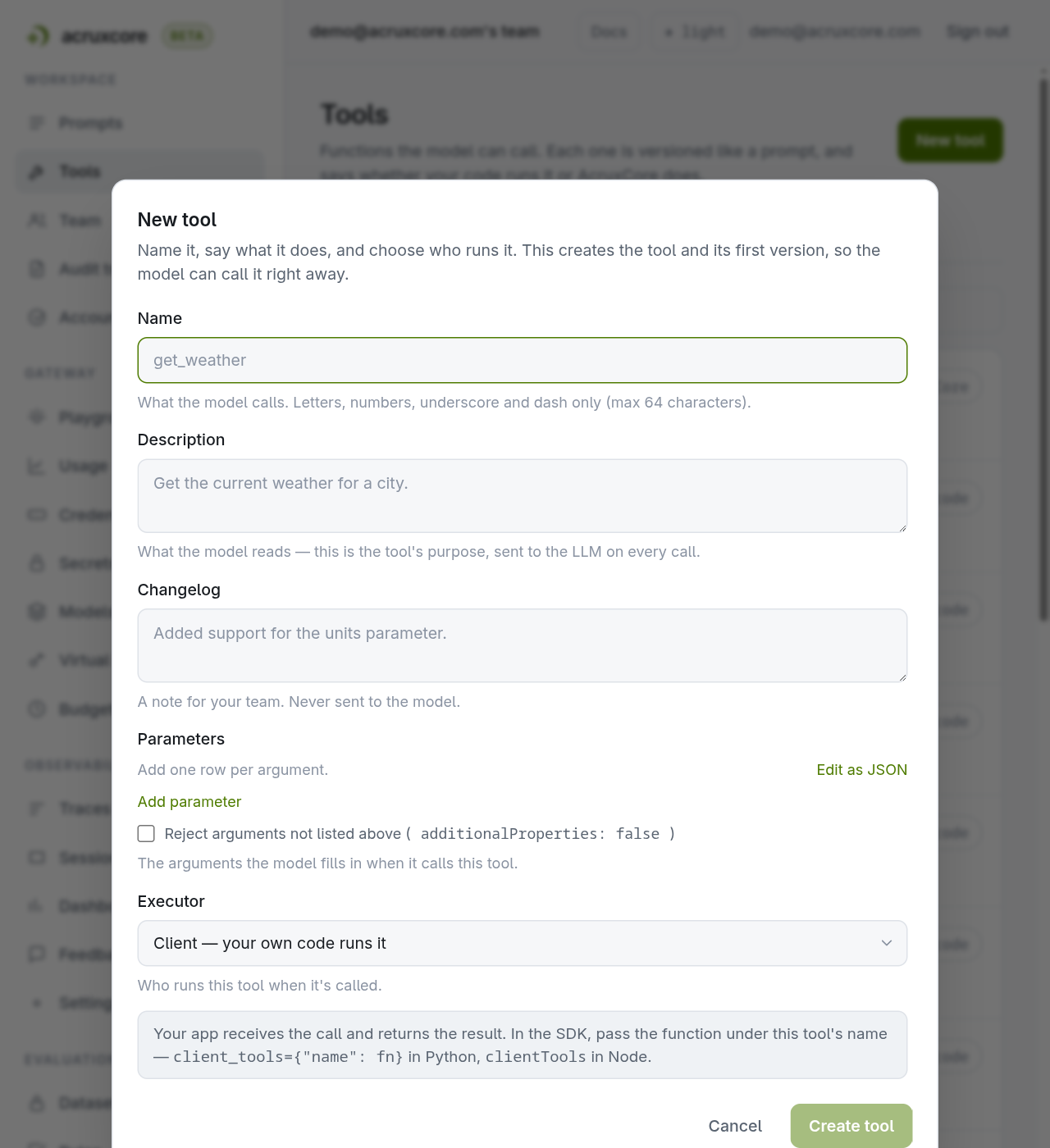 New tool dialog asking for the name, the model-facing description, the parameters and the executor in one form
