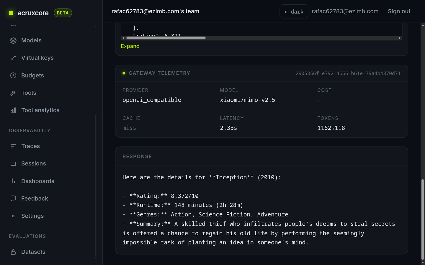 Gateway telemetry and the assistant's answer with Inception's rating, runtime, genres, and summary