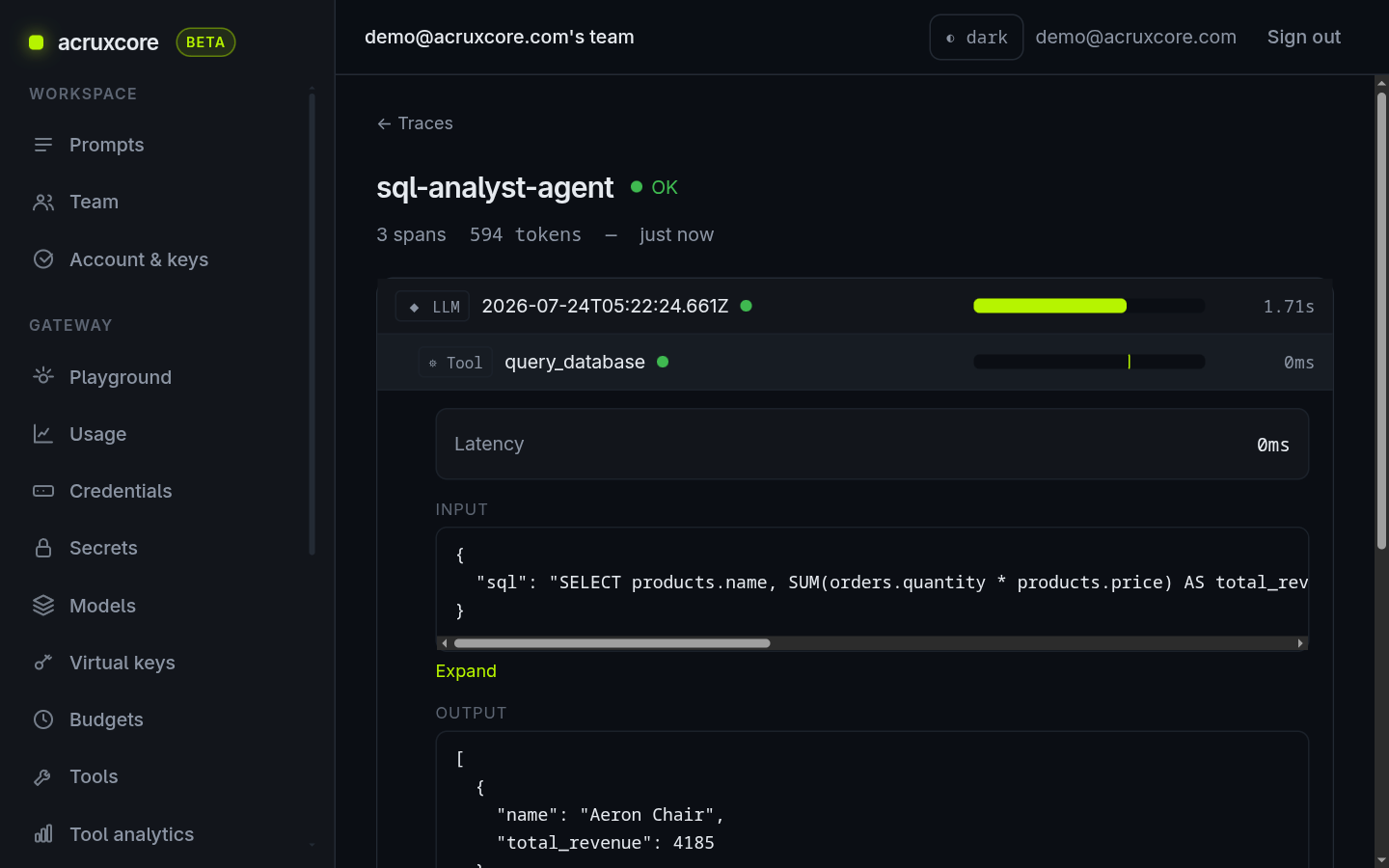 The expanded query_database span showing an Input with the SELECT statement and an Output with a single row for Aeron Chair, total_revenue 4185