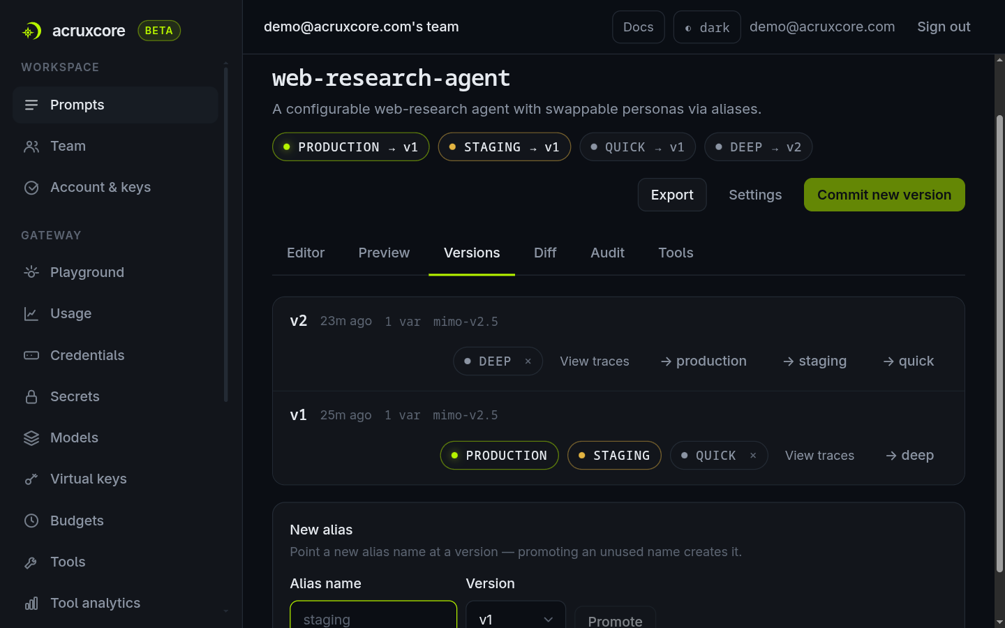Versions tab showing v2 with a deep badge and v1 with production, staging, and quick badges, plus the header showing all four alias pointers