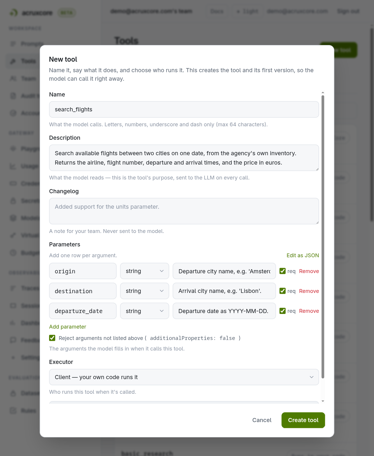 New tool dialog for the flight tool with the executor dropdown set to Client, your own code runs it, and no URL fields shown