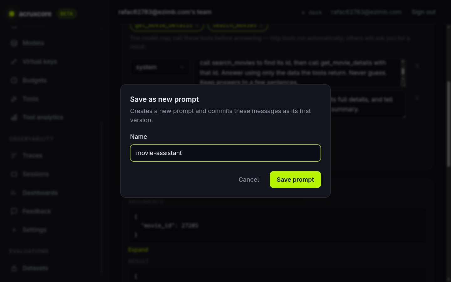 Save as new prompt dialog with the name movie-assistant