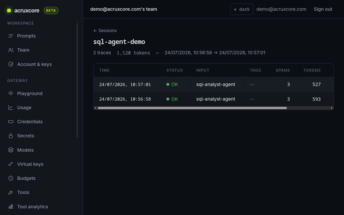 The sql-agent-demo session showing two sql-analyst-agent traces, each with 3 spans and a token count