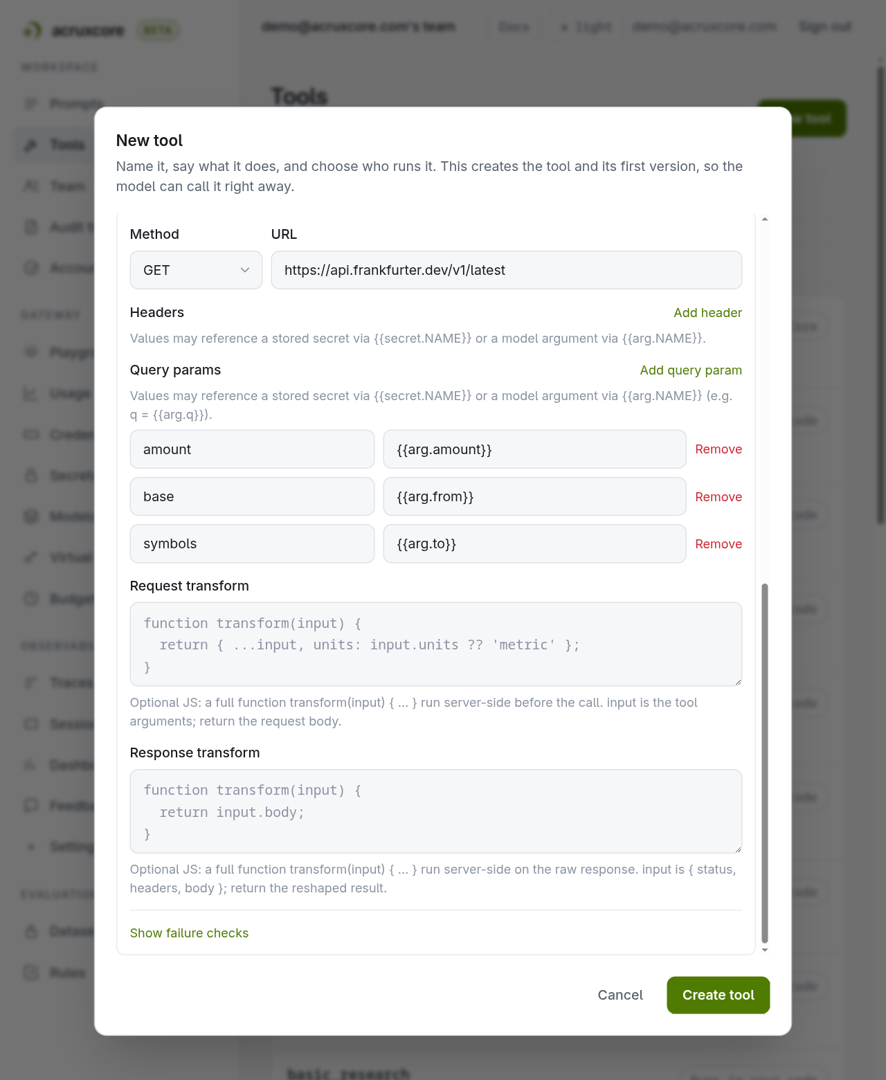New tool dialog for the currency tool showing three query param rows that map amount, base and symbols to templated model arguments, with both transform fields empty