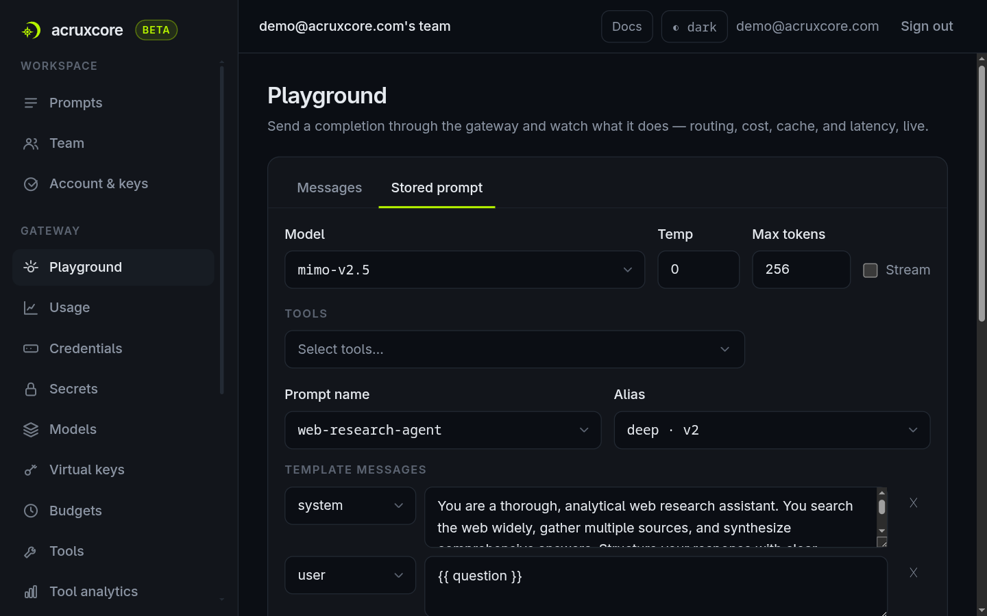 Playground's Stored prompt tab with web-research-agent selected and the Alias dropdown showing production v1, staging v1, quick v1, and deep v2, with deep selected and the system message updated to match
