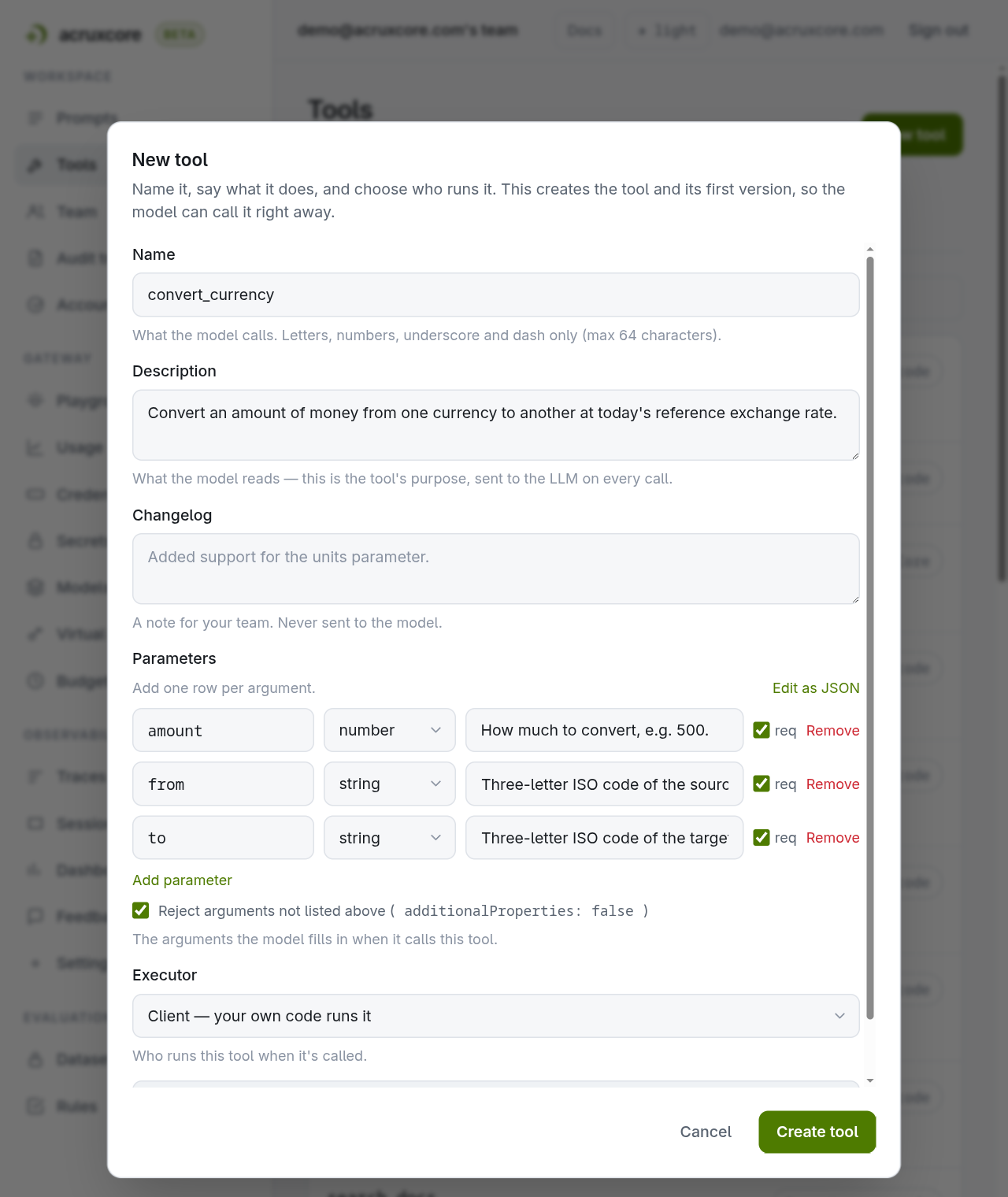 Parameters shown as a row builder: three rows for amount, from and to, each with a type dropdown, a description and a req checkbox, and a ticked checkbox that rejects arguments not listed