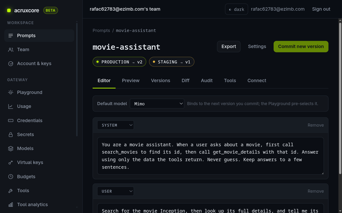 The movie-assistant prompt page showing production pointing at v2 with the default model bound
