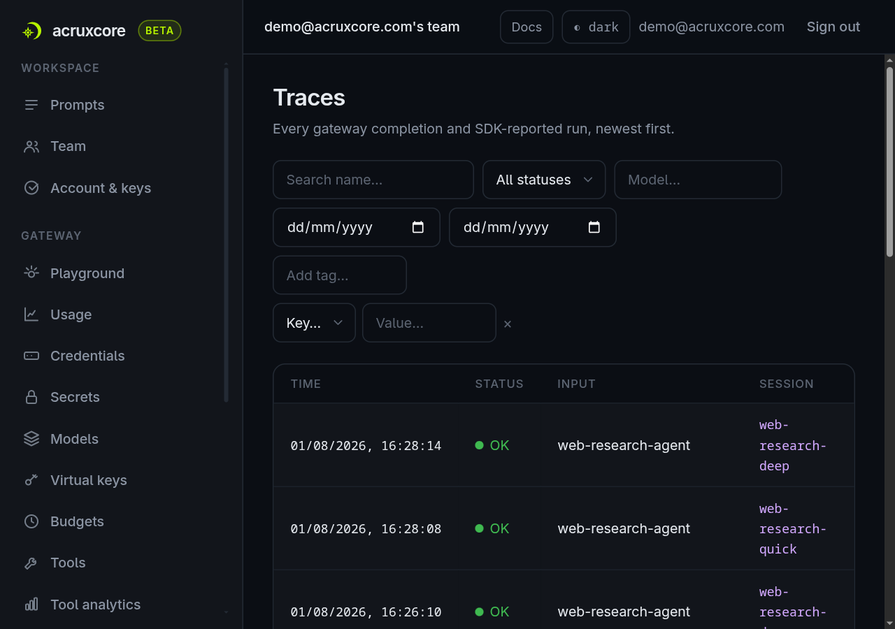 Traces list showing web-research-agent runs, tagged session web-research-quick and web-research-deep, each with real token counts and costs