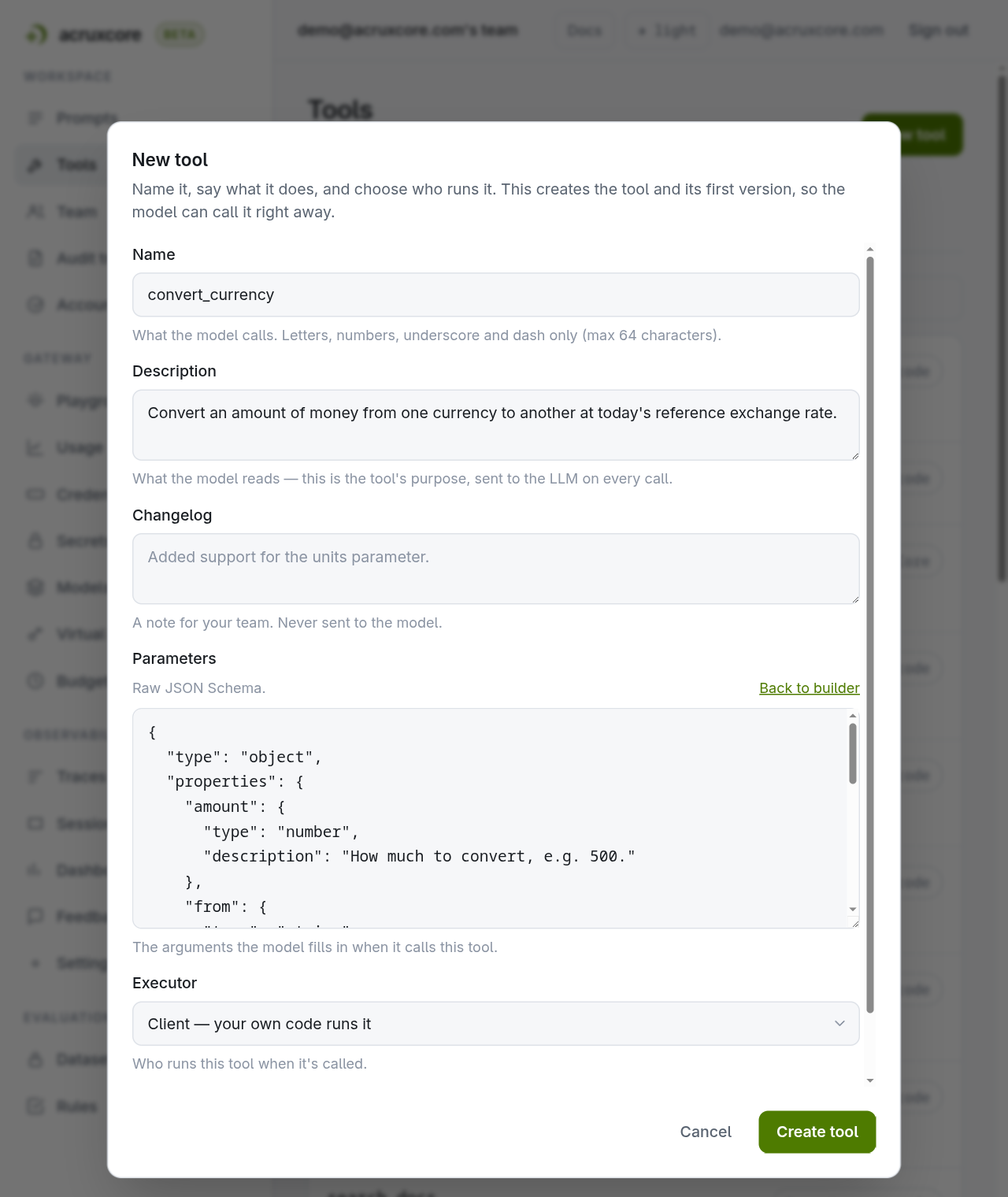 The same currency tool's Parameters field in raw-JSON mode, showing the same three arguments as JSON with a live Back to builder link