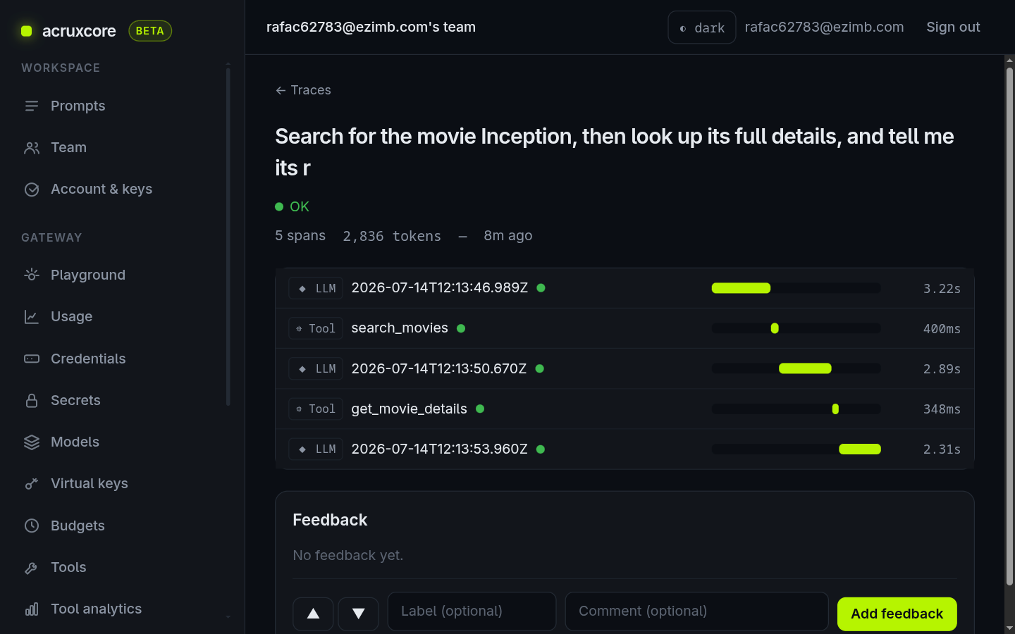 Trace tree showing LLM, search_movies, LLM, get_movie_details, and a final LLM span