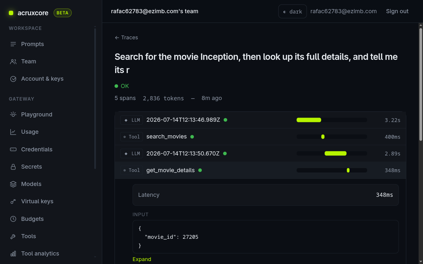 Expanded get_movie_details span showing the input movie_id and the captured TMDB output