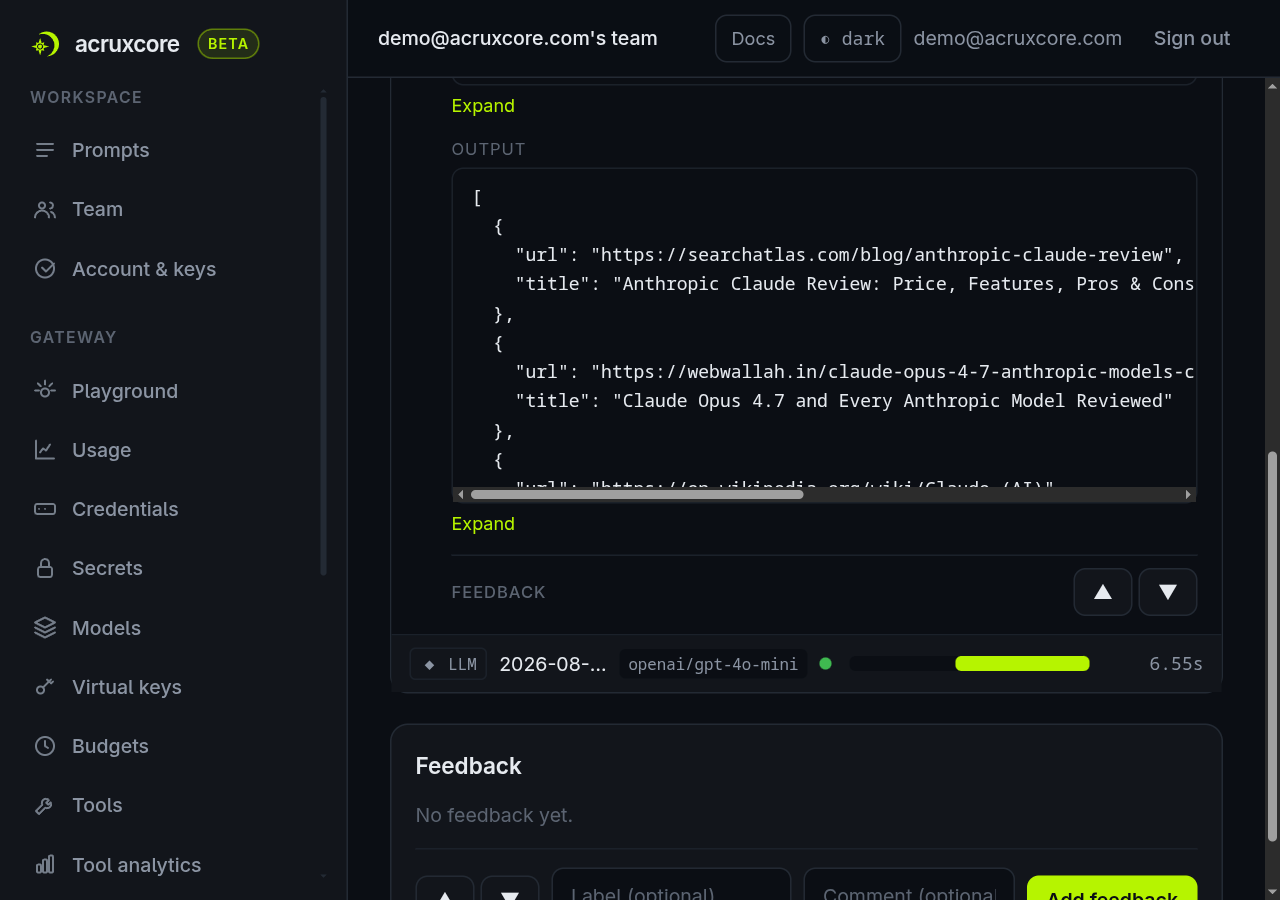 Expanded web_research span showing the input query Anthropic Claude models reviews and feedback 2023 and real Tavily result titles and URLs as output