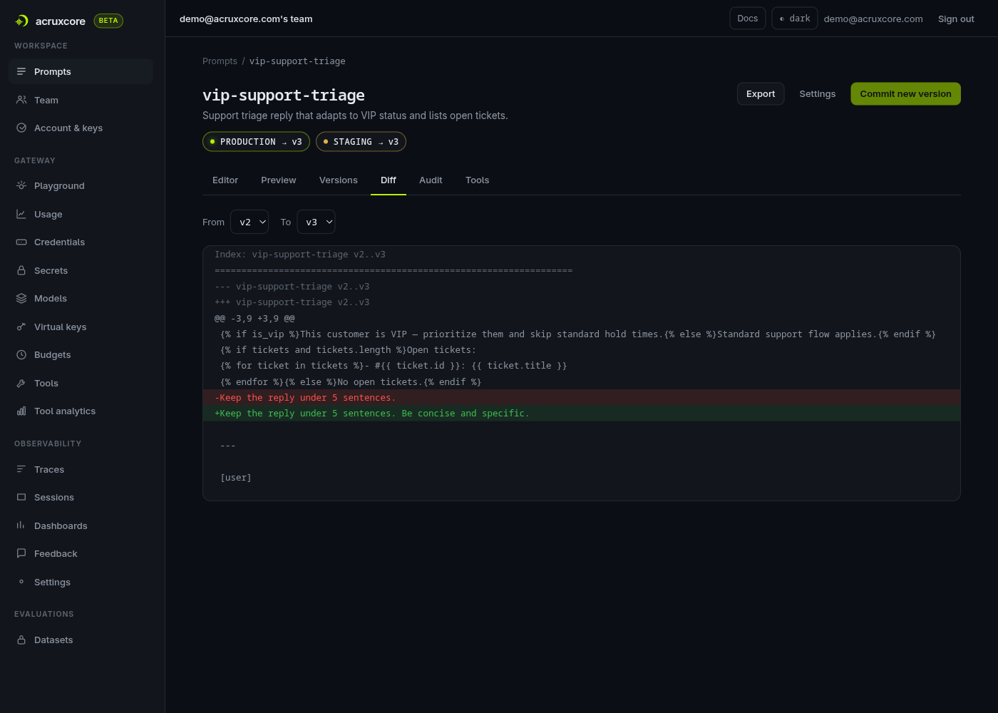 AcruxCore diff tab: a unified diff between two prompt versions
