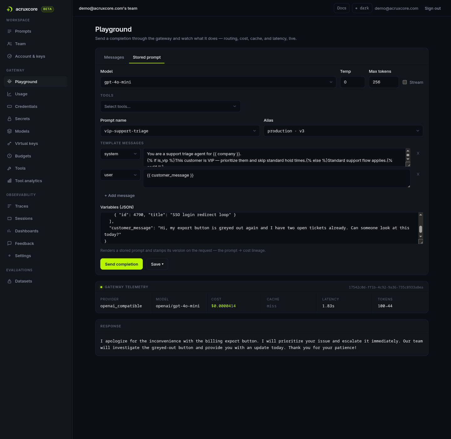 AcruxCore playground run: the stored prompt executed, with Gateway Telemetry showing cost, cache status and latency inline