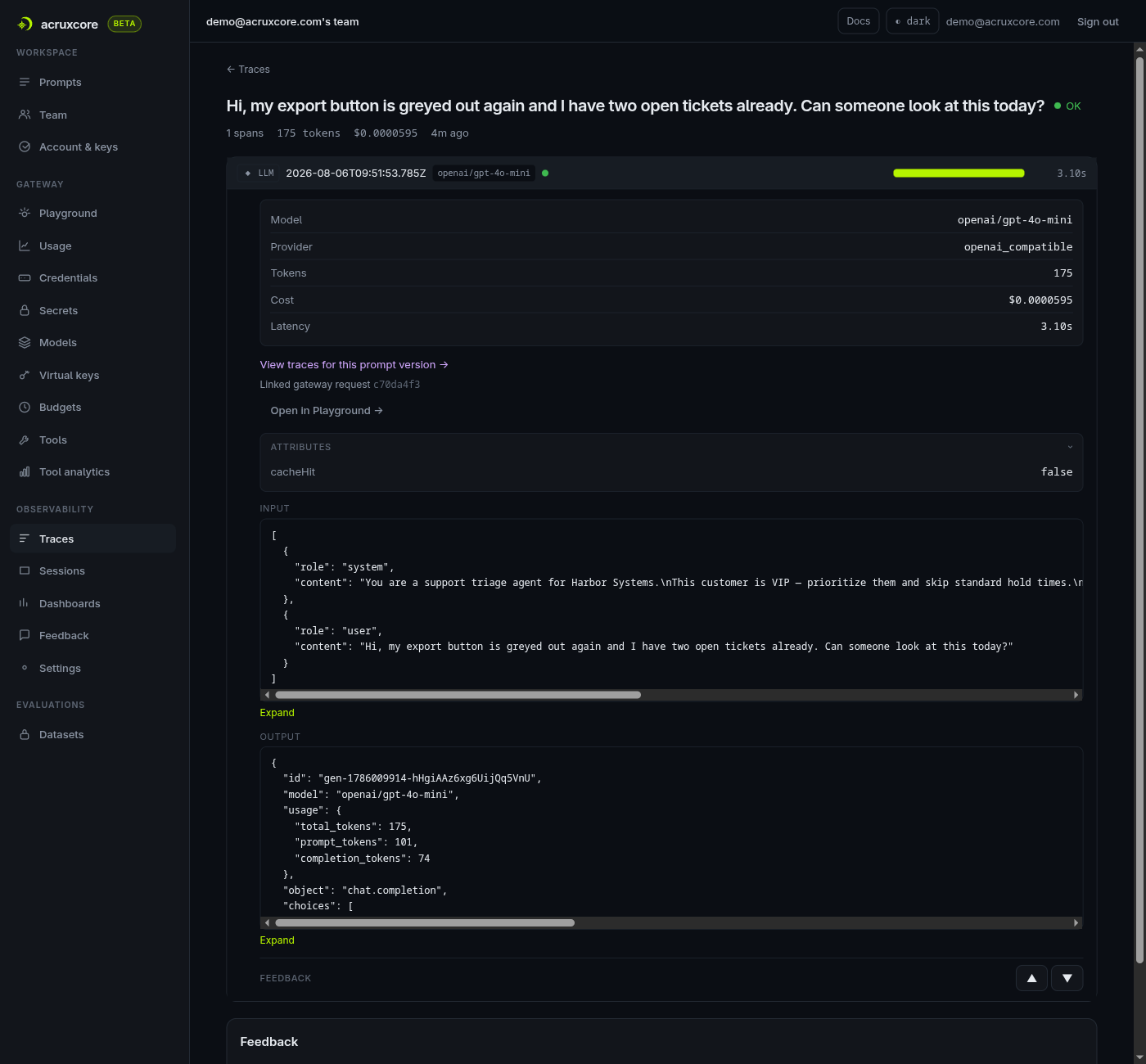 AcruxCore trace detail: a single LLM span with token counts, cost, and a link to the prompt version that produced it