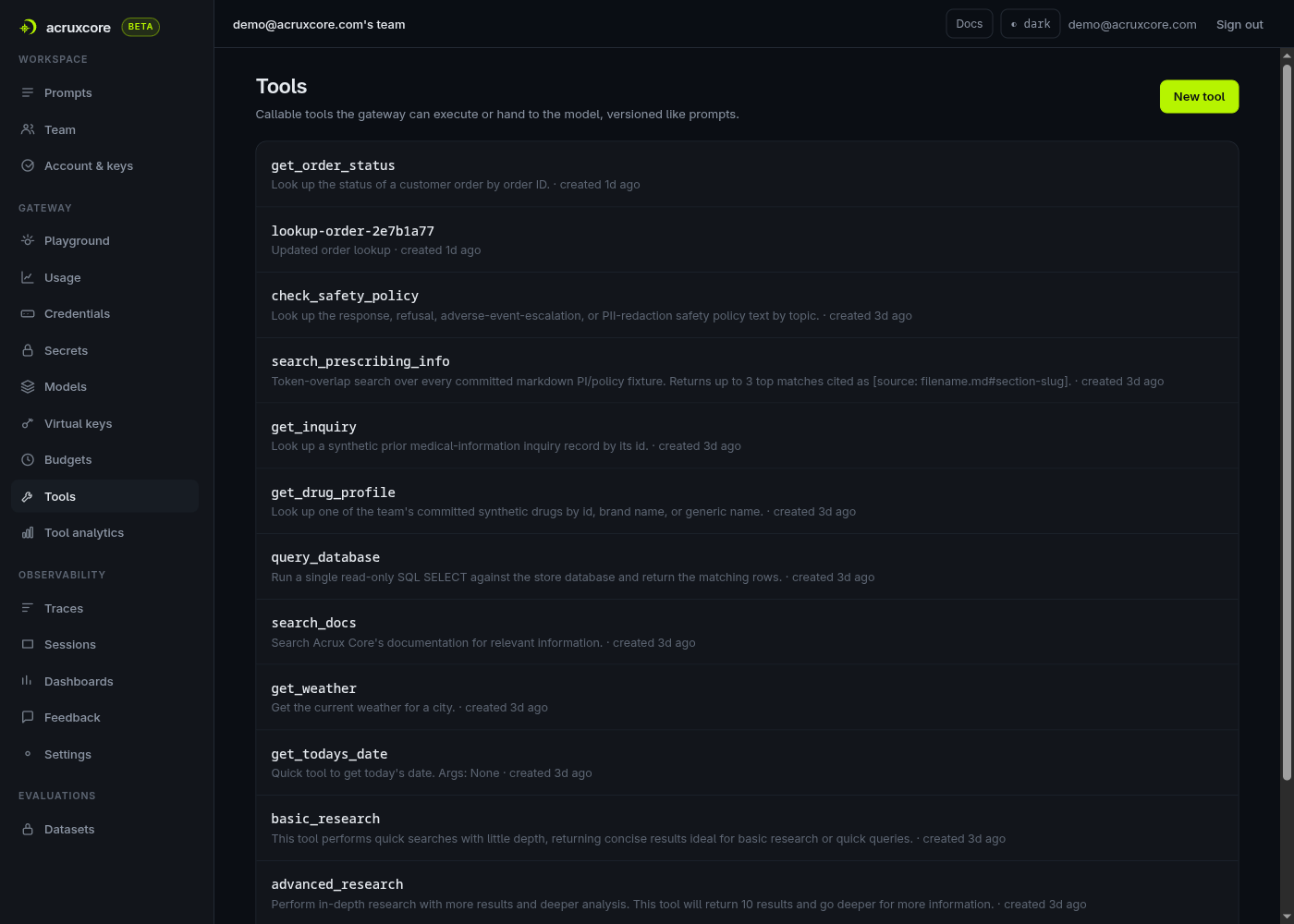 AcruxCore's Tools page listing a dozen real, versioned tools including get_order_status, query_database, and get_weather