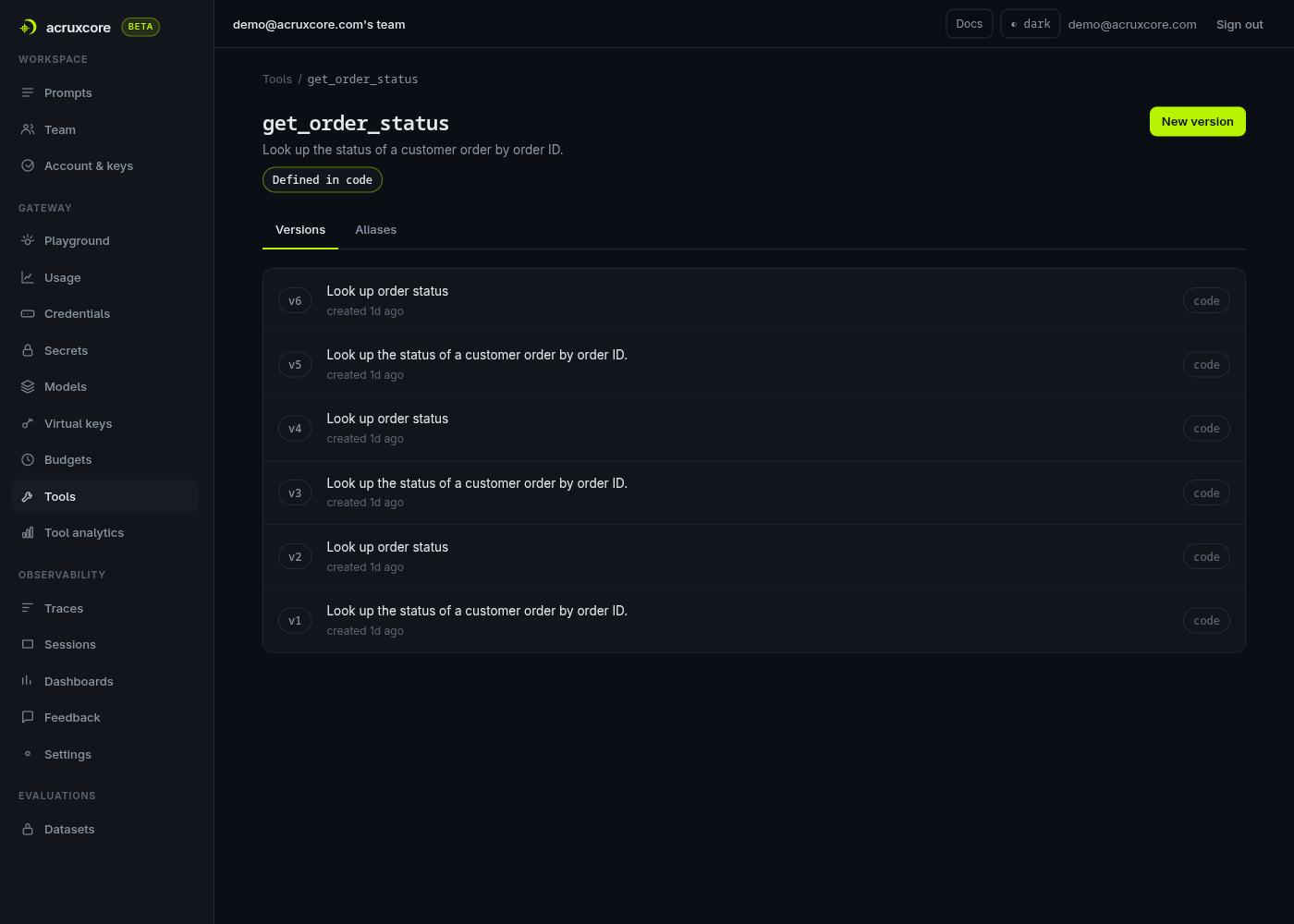 AcruxCore's tool Versions tab, showing numbered versions of a tool's JSON Schema with a promote-to-production control