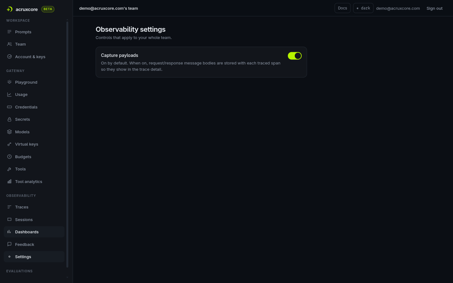 AcruxCore's team-wide Capture payloads toggle, on by default