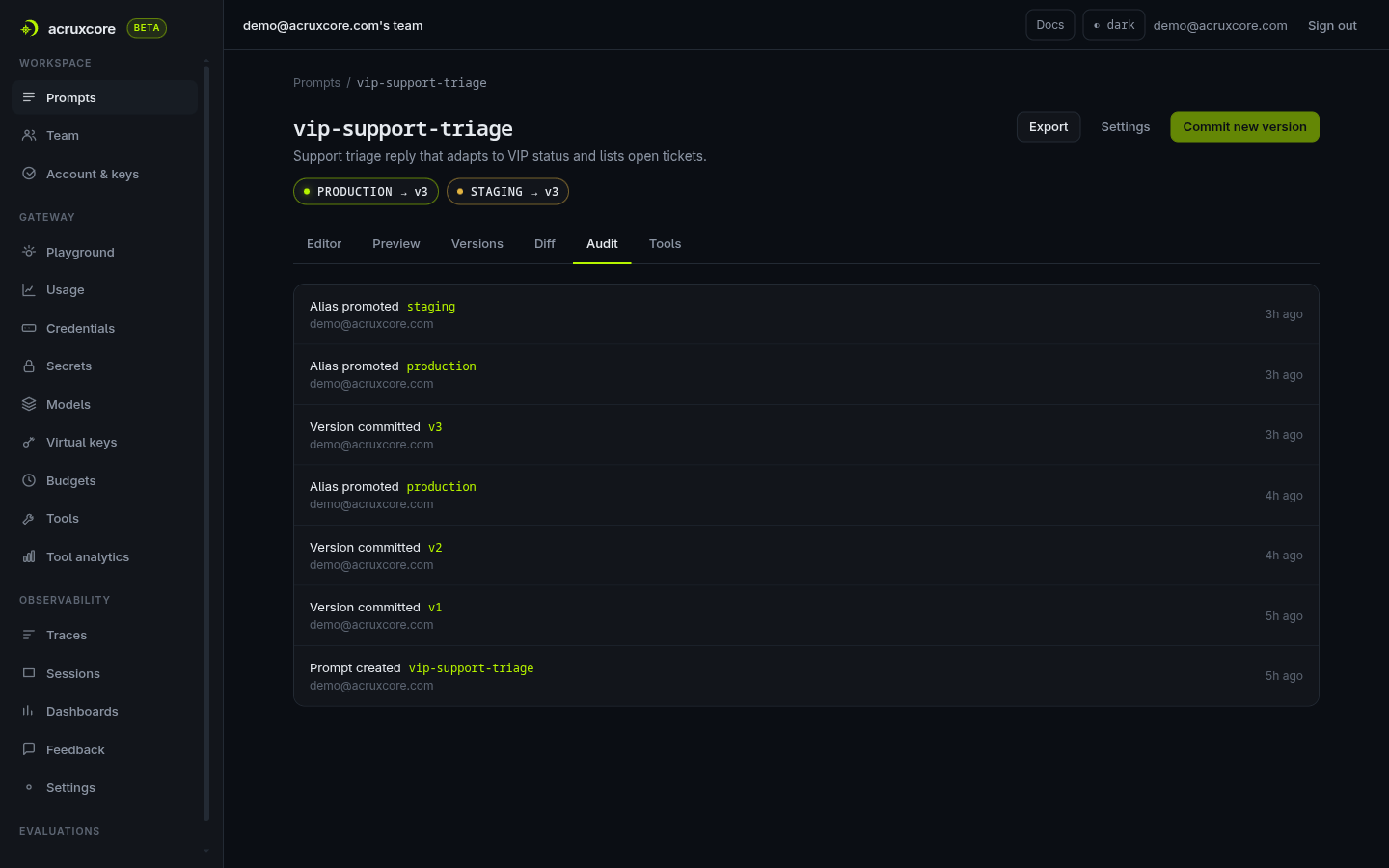 AcruxCore's per-prompt Audit tab with real entries — version commits and alias promotions