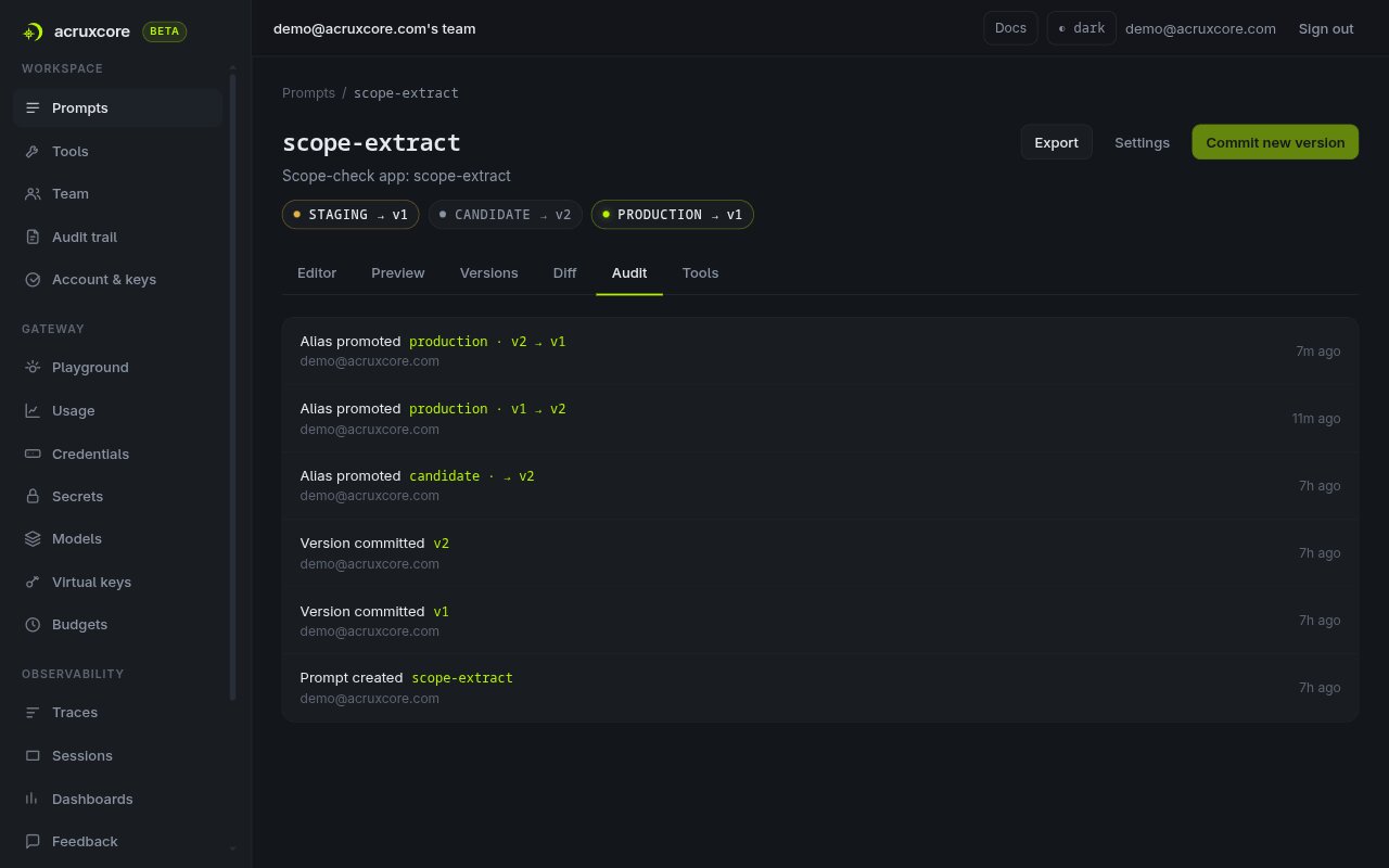 AcruxCore Audit tab for scope-extract: production moved v1 → v2, then v2 → v1, each with who made the change and when