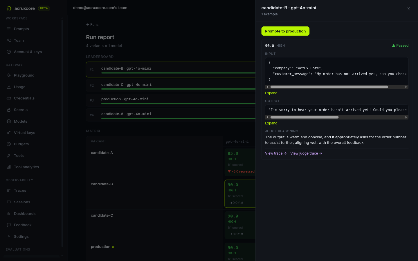 AcruxCore candidate detail panel showing judge reasoning, a Passed verdict, and a Promote to production button