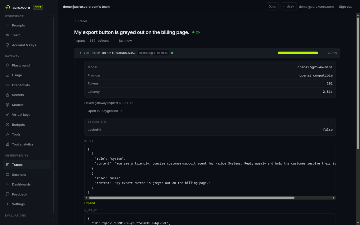 AcruxCore trace detail for a script-generated call, showing the expanded LLM span with Model, Provider, Tokens, Latency, and the real request/response JSON