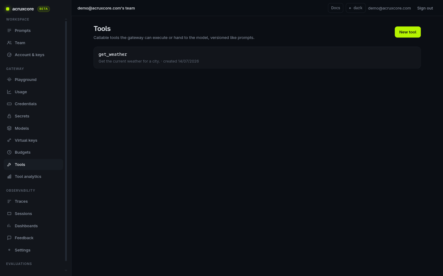 AcruxCore Tools page listing the get_weather tool with a description and creation date