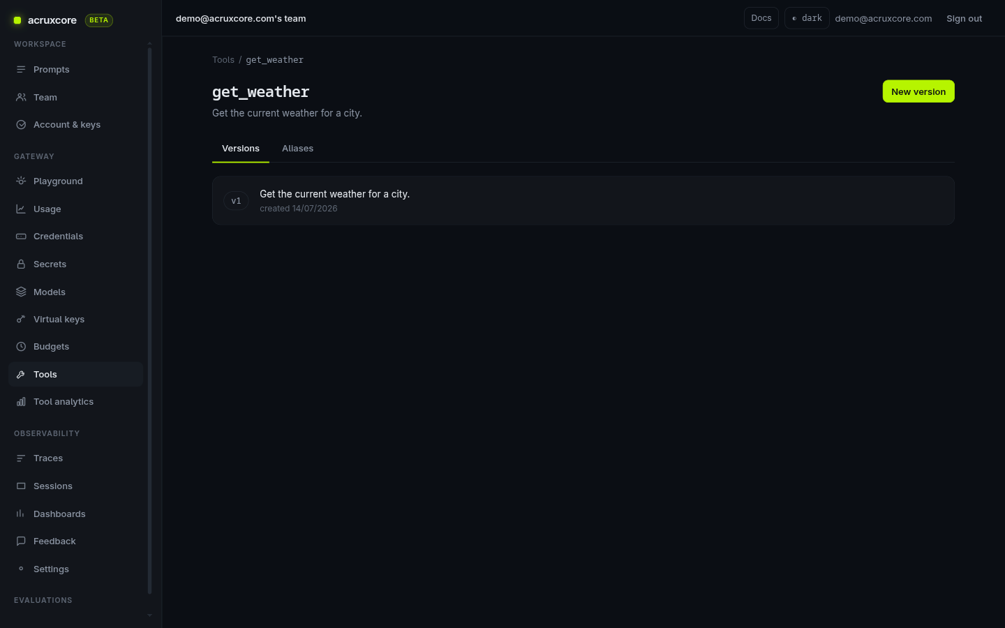 AcruxCore tool detail page showing Versions and Aliases tabs, identical to the prompt versioning model