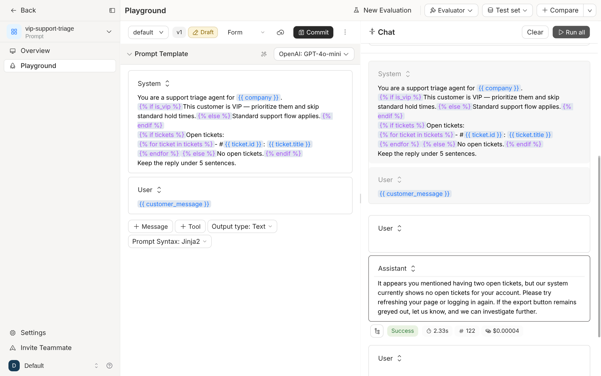 Agenta playground run of vip-support-triage: the assistant replies that the system shows no open tickets for the account, with Success, 2.33 s, 122 tokens and $0.00004 shown under the reply