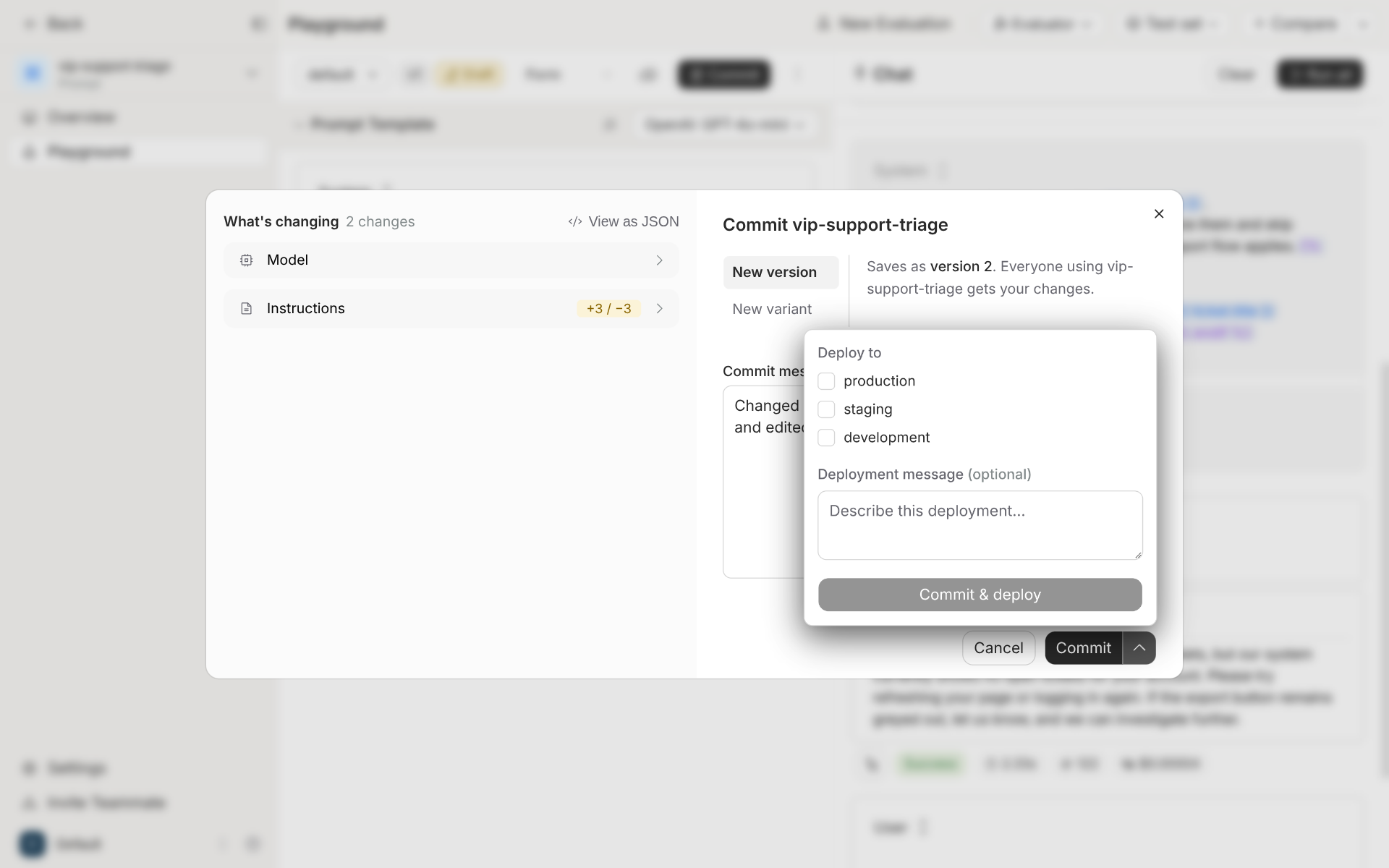 Agenta's commit dialog for vip-support-triage: a What's changing panel with Model and Instructions (+3 / −3), a New version tab that saves as version 2, and a Deploy to menu with production, staging and development checkboxes