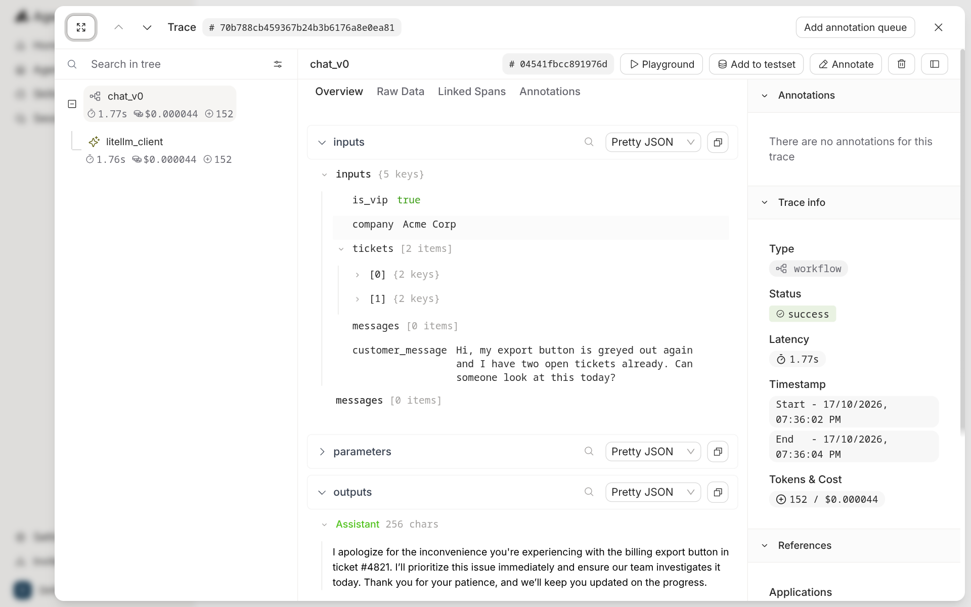 Agenta trace of an invoke call: a chat_v0 workflow span over a litellm_client child, 1.77 s, $0.000044, 152 tokens, with the is_vip, company, tickets and customer_message inputs, the assistant reply citing ticket #4821, and Playground, Add to testset and Annotate buttons