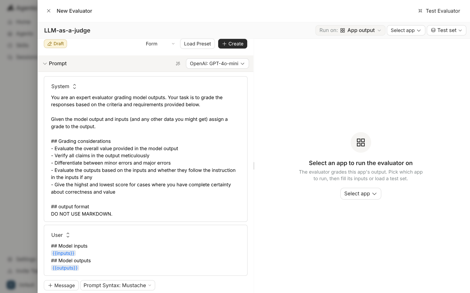 Agenta's New Evaluator drawer for an LLM-as-a-judge, with a system prompt about grading model outputs, a user message with {{inputs}} and {{outputs}}, the model set to OpenAI GPT-4o-mini, and an empty Test Evaluator panel on the right