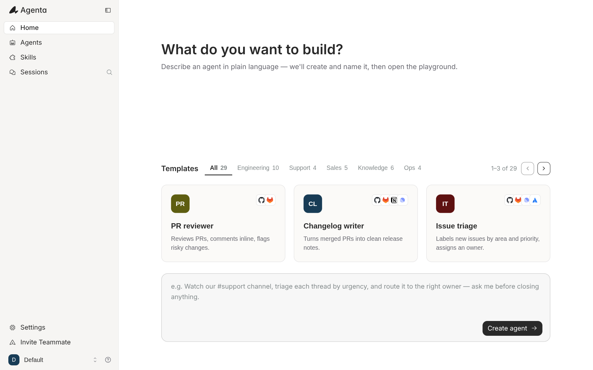 Agenta's home page with the heading What do you want to build?, a row of agent templates (PR reviewer, Changelog writer, Issue triage) with a total of 29, and a text box for describing an agent