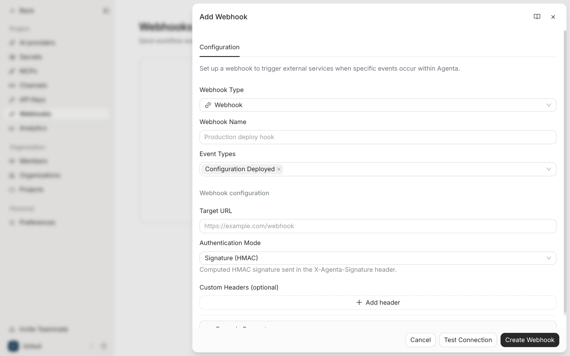 Agenta's Add Webhook drawer with the event type Configuration Deployed, a target URL field, Signature (HMAC) as the authentication mode, and Test Connection and Create Webhook buttons