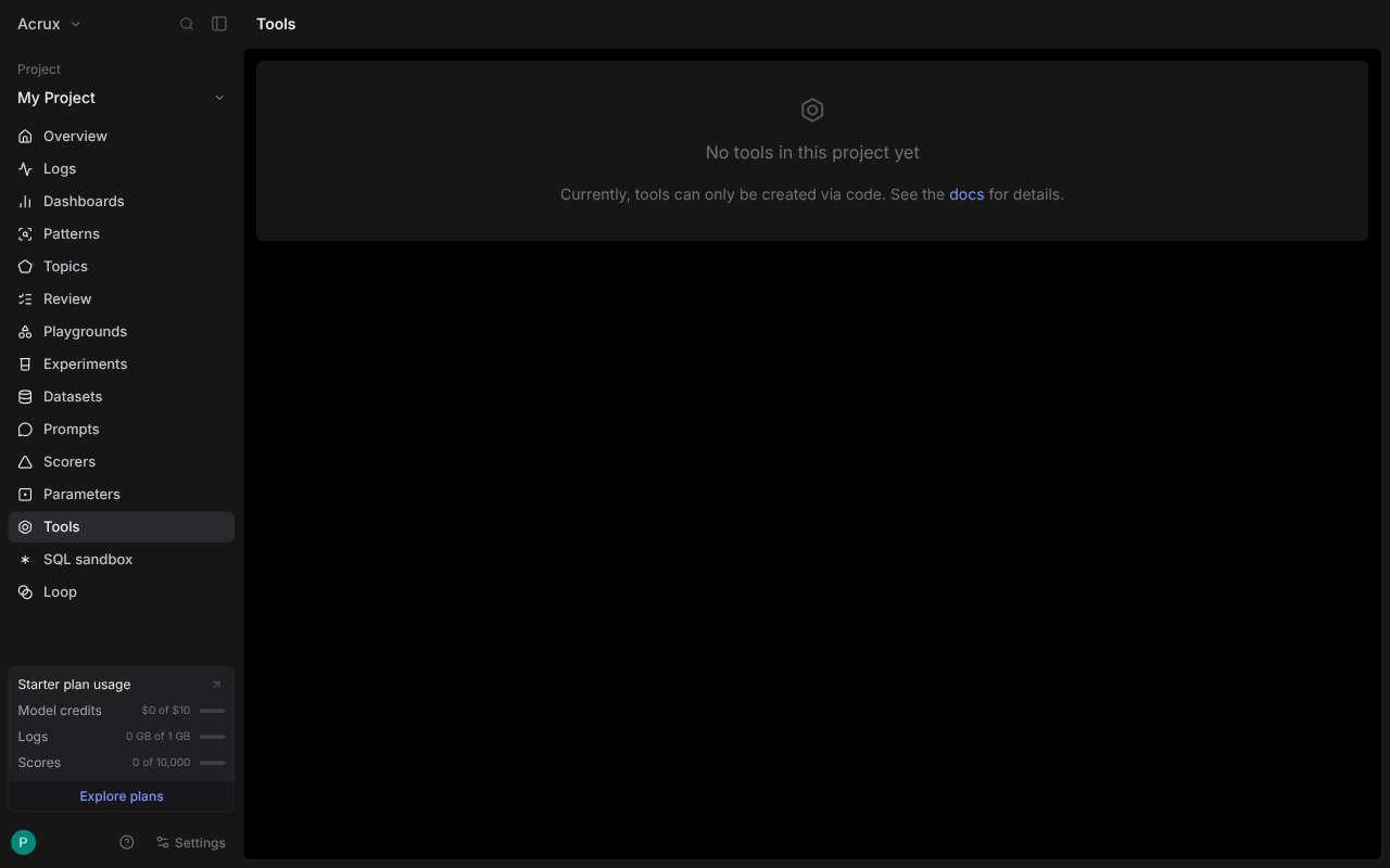 Braintrust tools page, empty: "No tools in this project yet. Currently, tools can only be created via code."