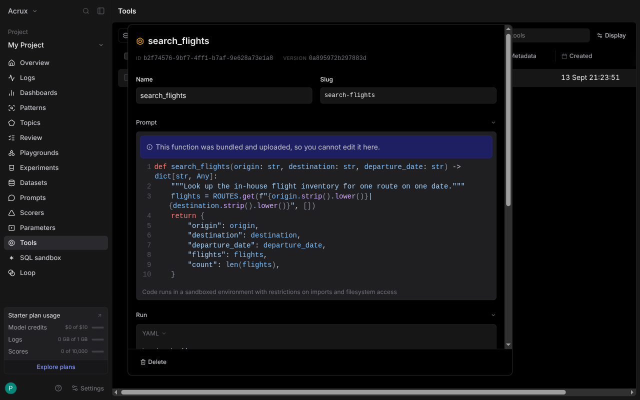 Braintrust tool detail: the pushed search_flights source, with a notice that the function was bundled and uploaded so it cannot be edited here, and a line saying code runs in a sandboxed environment with restrictions on imports and filesystem access