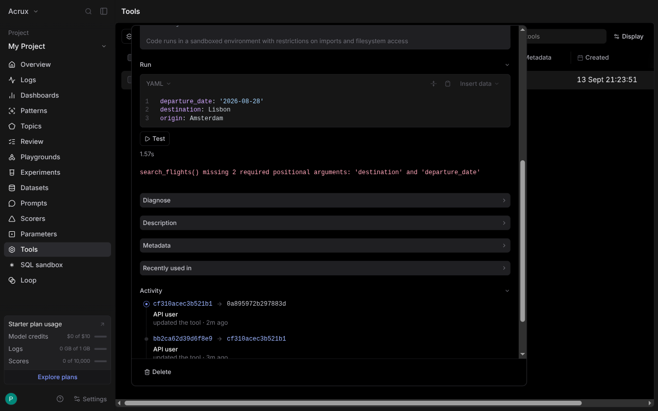 Braintrust tool Run panel: a YAML input of departure_date, destination and origin, and a red error reading search_flights() missing 2 required positional arguments