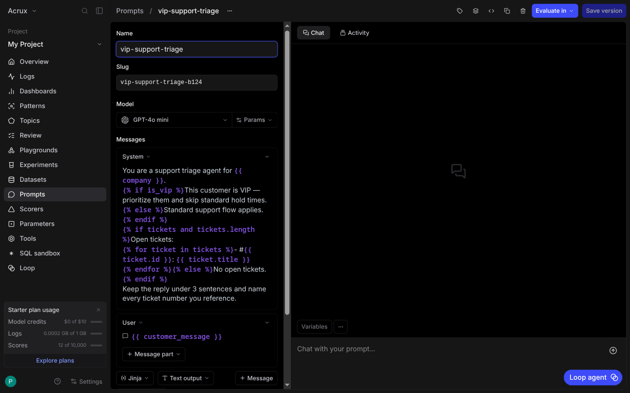 Braintrust prompt editor: the vip-support-triage system message with syntax-highlighted nunjucks conditionals and loop, a GPT-4o mini model picker, and a Jinja template-format selector