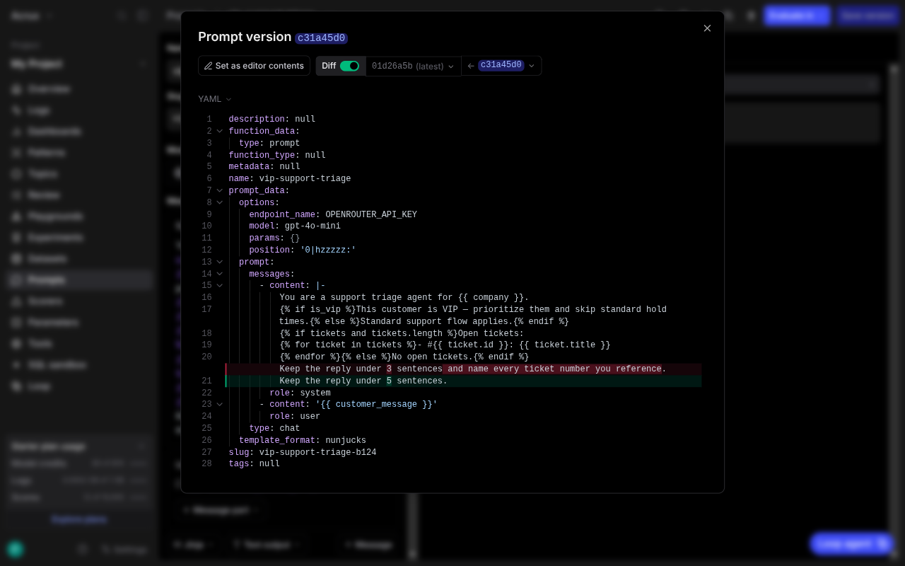 Braintrust prompt version diff: a YAML diff of the whole prompt object with a version-pair selector, showing the changed instruction line in red and green, with template_format nunjucks visible