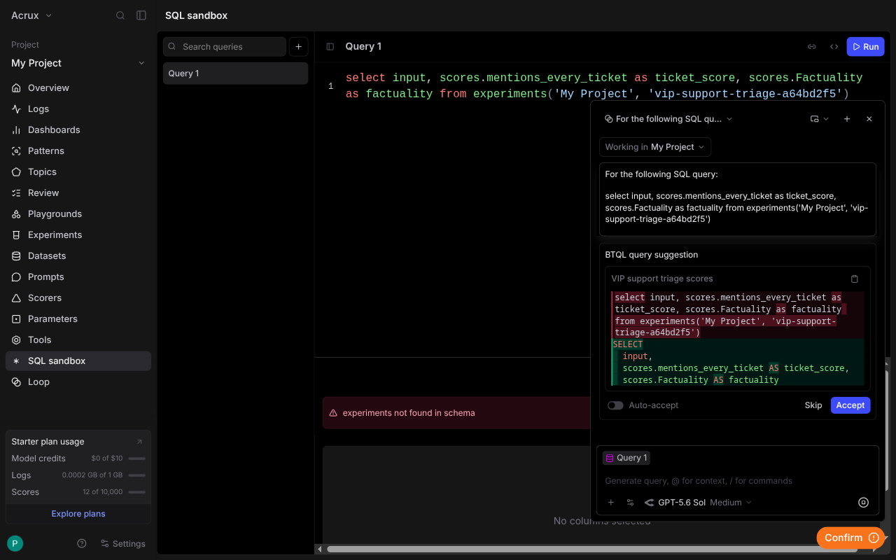 Braintrust Loop agent panel: the failing SQL query as context, a BTQL query suggestion shown as a red/green diff, and Accept / Skip buttons with an auto-accept toggle