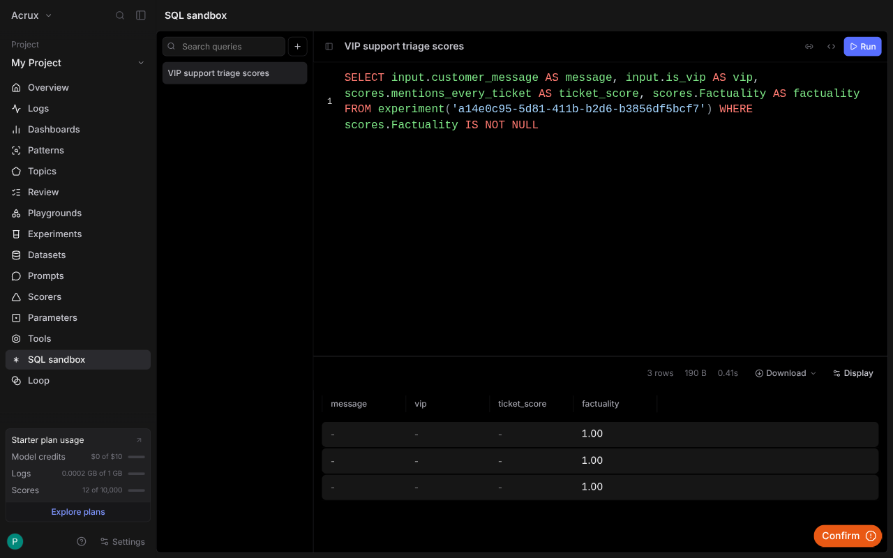 Braintrust SQL sandbox: the query above returning 3 rows in 0.41s with a factuality column of 1.00