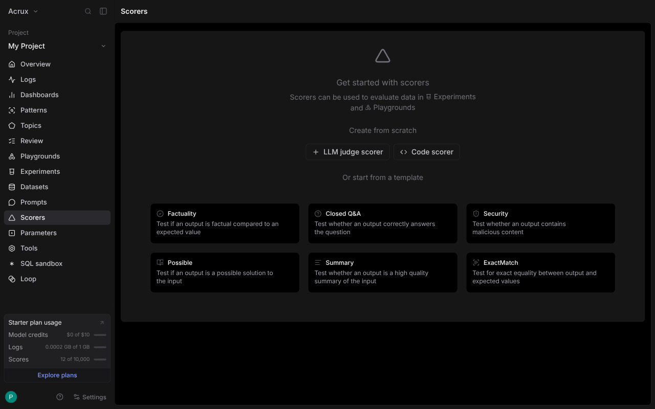 Braintrust scorers page: buttons for LLM judge scorer and Code scorer, above templates for Factuality, Closed Q&amp;A, Security, Possible, Summary and ExactMatch