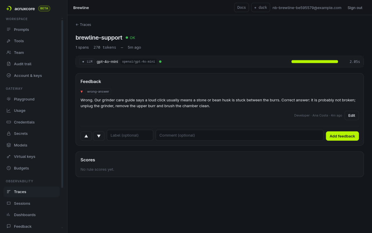 The grinder trace with the thumbs-down feedback and its comment saved under Feedback