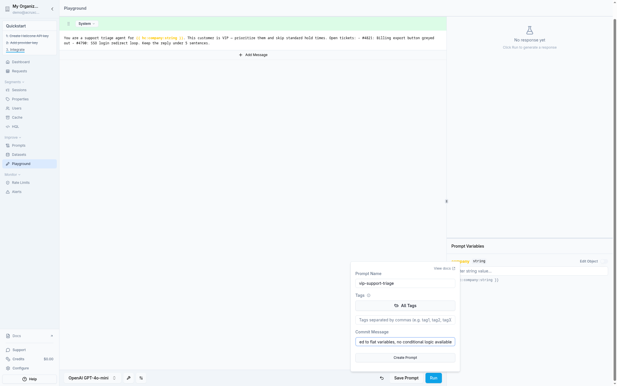 Helicone's Playground with the recreated vip-support-triage system message, showing the flat {{ hc:company }} variable syntax and the Save Prompt dialog with our commit message about flattening the nunjucks logic