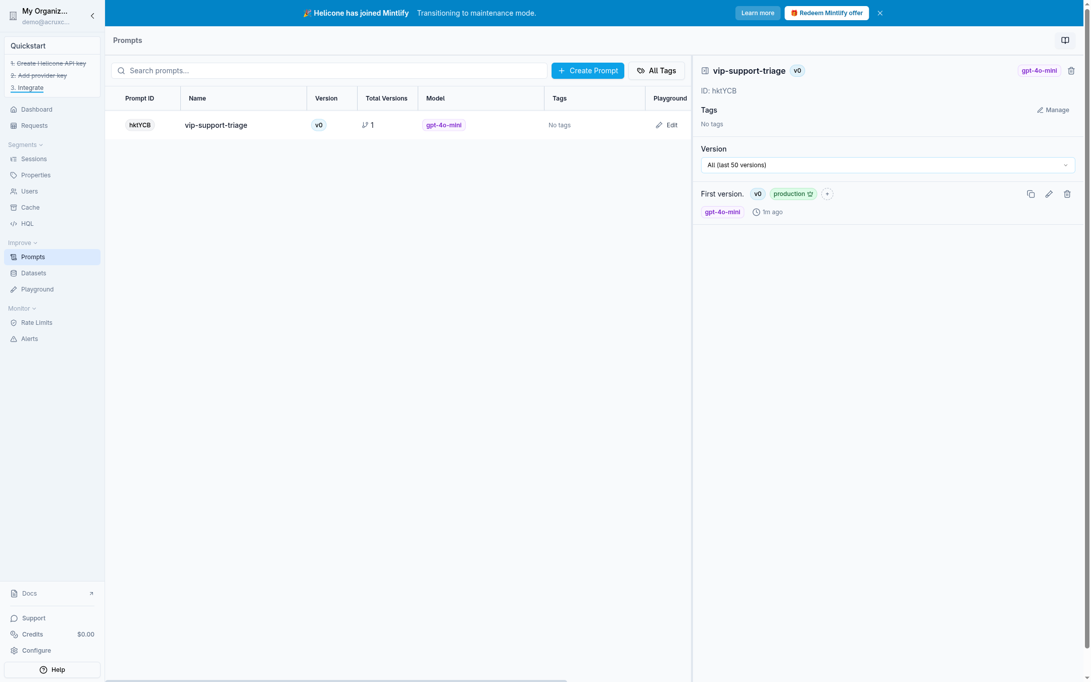 Helicone's saved prompt detail page: v0, auto-labeled "production", model gpt-4o-mini, no second version or diff control visible with only one version saved